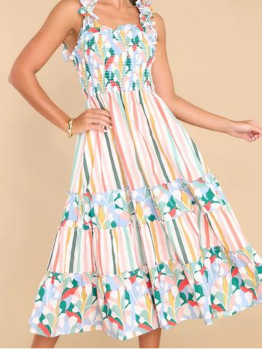 Aura Colorful Striped Tiered Midi Dress - Pastel Multicolor